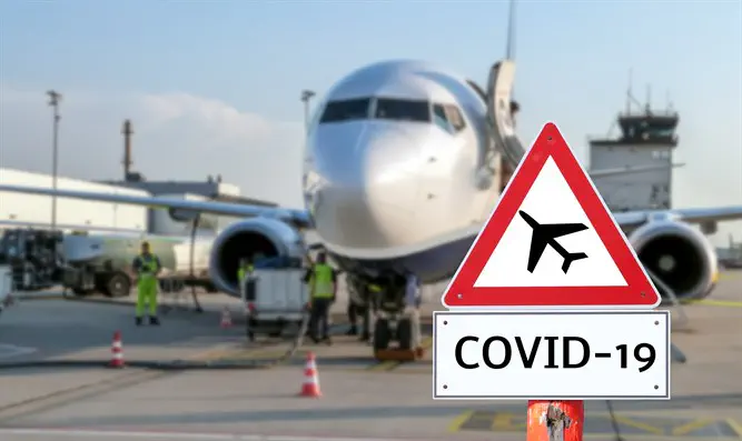 COVID-19 sign in front of plane